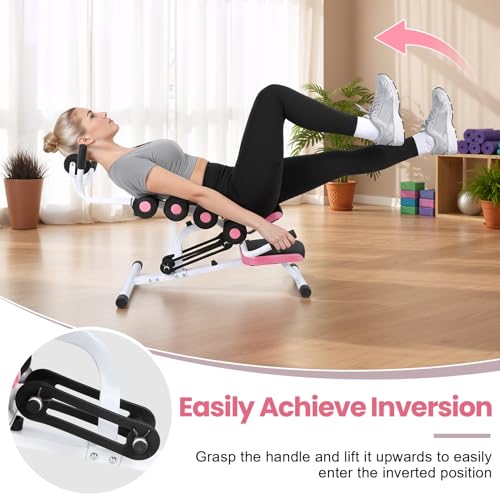 Mini Inversion Table Spine Decompression Machine, Home Stretching Inversion Bench, 350 LBS Capacity Foam Rollers and Adjustable Foot Positioning, for Daily Use Pink Black - Thumbnail 5