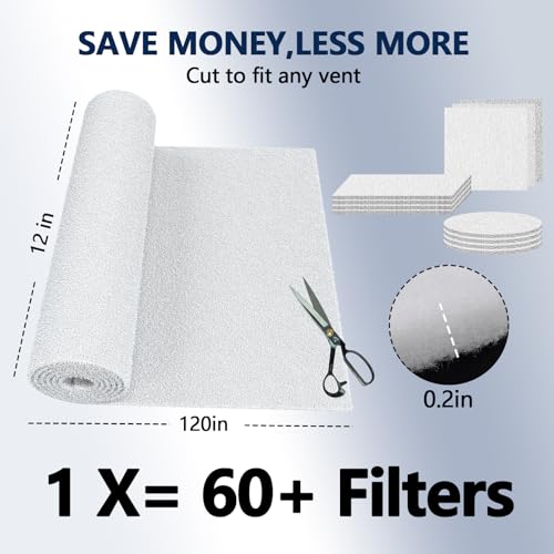 Image of Air Vent Filters, MERV 8 Cut to Fit, 12 inch x 120 inch | Makes Up to 60 Filter Pieces, Electrostatic Filter Material, For Floor, Ceiling and Furnace Vents, 48 Adhesive Hook Tapes