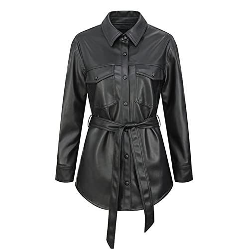 Veste en cuir pour femmes avec revers et ceinture ajustée anti-vent