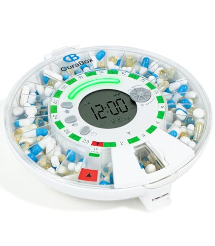 CB CuraBox 28-Day Automatic Pill Dispenser for Elderly with Alarm Light Alerts Moisture-Proof Design Clear LCD Display Key Lock Smart Medication Organizer for Seniors Vitamins & Prescriptions