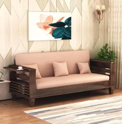 Image of Solid Sheesham Wood Sofa Cum Bed | Wooden Sofa Cum Bed for Living Room | Space Saving Wooden 3 Seater Sofa with Bed for Bedroom, Folding Bed with Mattresses (Walnut Finish)