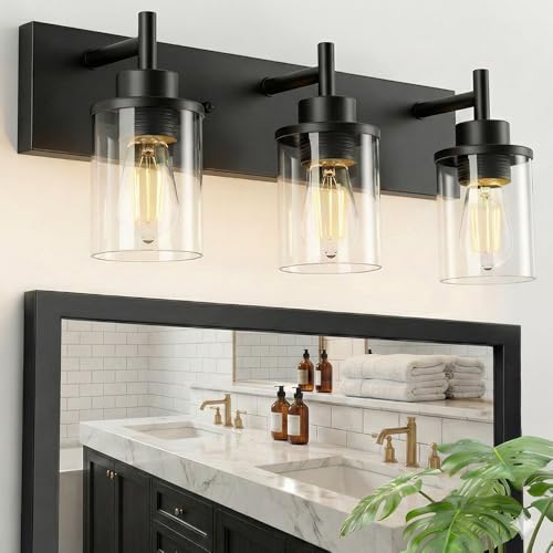 Image of Vanity Light Fixtures, Matte Black Bathroom Light Fixtures Over Mirror, Modern Wall Sconces Lamp with Clear Glass Shade (3 Light)