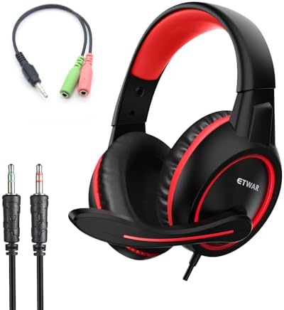 Gaming Headset with Noise Isolaing Mic, 3.5mm Inport Over Ears Soft Menory Earmuffs with in- Line Volume Control, Headphones with Microphone for PC, PS4, PS5, Mac, Laptop – Red
