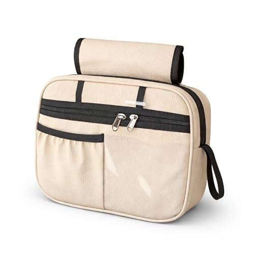 Image of Grab Handle Bag | Dashboard Grab Handle Storage Organiser Bag | 2 Compartments with Transparent Pocket | Compatible with Thar, Jimny, Gypsy, Jeep, Gurkha and other SUVs and Car | PU Leather (Beige)
