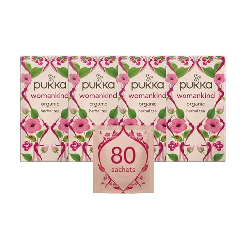 Pukka Herbs | Womankind Organic Herbal Tea Box | Chamomile, Shatavari, Vanilla, Cranberry, Rose, Hibiscus | Ideal For Balanced Harmony | Caffeine Free | 4 Packs | 80 Plant Based Biodegradable Tea Bags