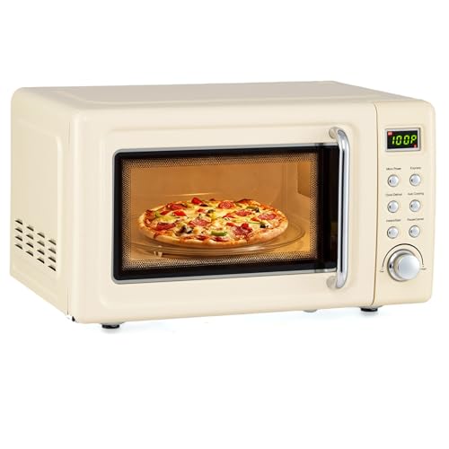 Image of CHEFJOY 0.7Cu.ft Mini Microwave Countertop, 700W Retro Microwave w/ 5 Micro Power, Defrosting Settings, Glass Turntable & Viewing Window, LED Display, Child Lock, Perfect for Small Space (Cream White)