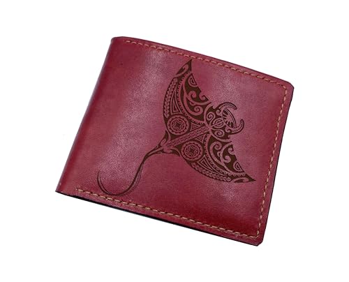 Mayan Corner - Stingray tattoo leather handmade wallet, personalized polynesian fish gift, ocean sea pattern wallet