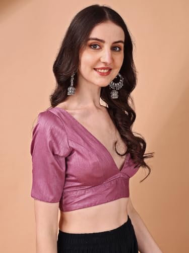 Image of Womanista Women's Dupion Silk Half Sleeve Solid V Neck Readymade Saree Blouse Stylish