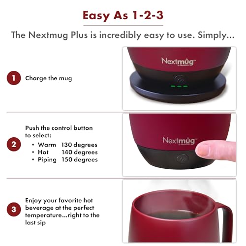 Image of Nextmug Plus - Temperature-Controlled, Self-Heating Coffee Mug | (Burgundy - 18 oz.) - No App, Long-Lasting Battery for Work & Study, Great Gift for Coffee Lovers