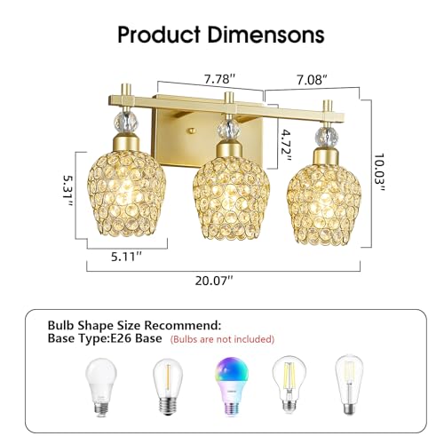 Image of Modern Crystal Bathroom Light Fixtures - Gold 3 Light Vanity Lighting with Crystal Wall Lamps Over Mirror