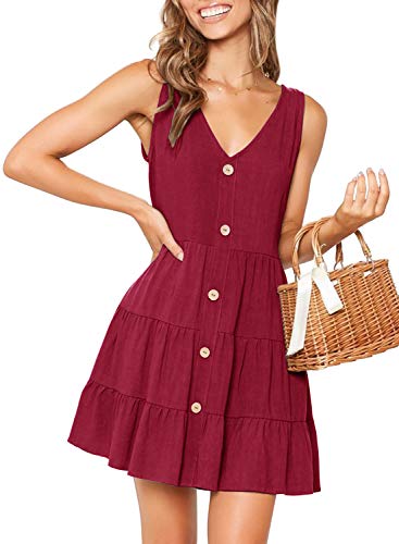 Image of MITILLY Women's Casual T-Shirt Dresses Sleeveless V Neck Button Down A Line Loose Swing Short Dress with Pockets