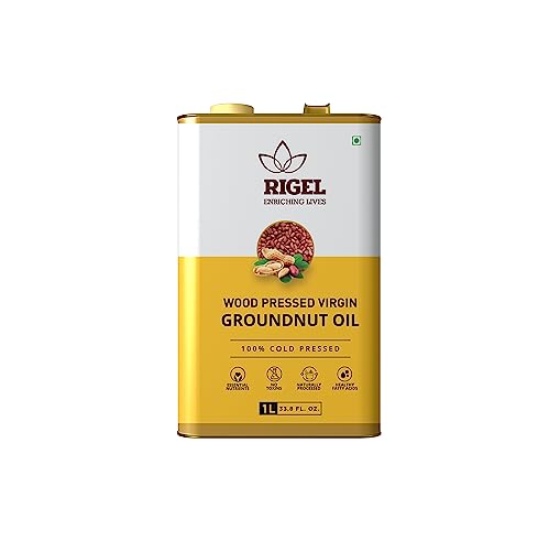 Rigel Spices | Naturally Milled Cold Pressed Peanut Oil in a Eco-Friendly Tin 33.8 fl oz(1L Tin) | No Preservatives