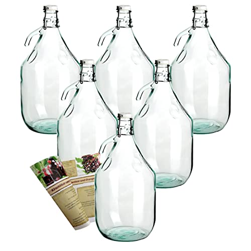 gouveo Lote de 6 botellas de cristal vacías de 5 l con tapón de estribo y asa – Gran botella de estribo de 5 000 ml para rellenar y guardar