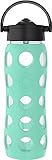 Lifefactory 22-Ounce Glass Water Bottle with Pivot Straw Cap and Protective Silicone Sleeve, Sea Green