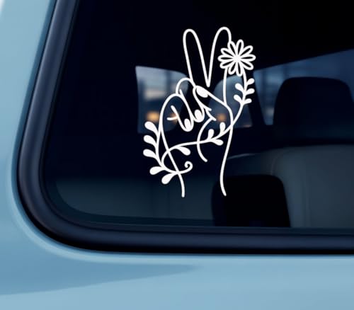 Floral Peace Hand Car Window Decal - Boho Hippie Fingers Sign Vinyl Sticker - Positive Freedom Graphic for Auto Glass - Waterproof Outdoor Durable White Design