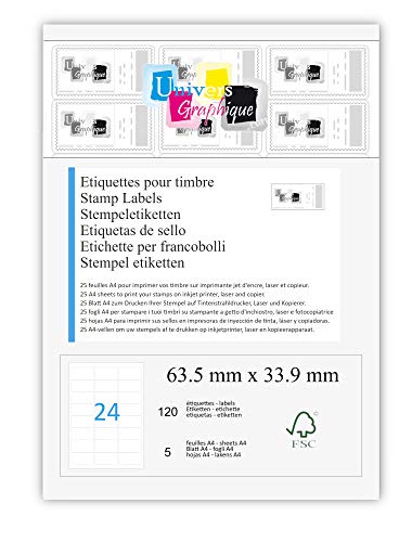 étiquette pour timbre 5 planches de 24 étiquettes soit 120 étiquettes pour timbre 63,5 x 33,9 mm compatible montimbre en ligne L7159 DE MARQUE UNIVERS GRAPHIQUE - facture avec tva deductible