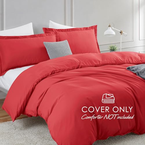Image of Hearth & Harbor Red Duvet Cover Full Size, 3 Piece Bedding Set | Soft Double Brushed Bedding Set, Button Closure, 1 Duvet Cover 80x90 Inches, 2 Pillow Shams