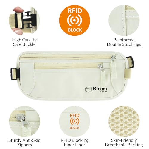 Image of Boxiki Travel Beige Money Belt with RFID Sleeves Set - Secure Travel Pouch and RFID Card Holder to Protect Cash, Credit Cards and Travel Documents for Men and Women