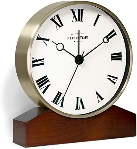 PresenTime & Co Mozart Mantel Alarm Clock, Tabletop Clock, 6 x 5.5 inch, Silent, Wooden Base, Walnut Finish, Golden Color, Roman Numeral