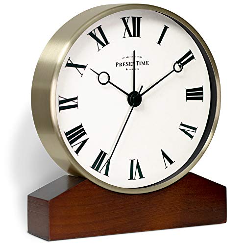 Presentime & Co Mozart Mantel Alarm Clock, Desk and Shelf Clock, Tabletop Decoration, 6 x 5.5 inch, Silent no Ticking, Wooden Base, Walnut Finish, Golden Color, Roman Numeral