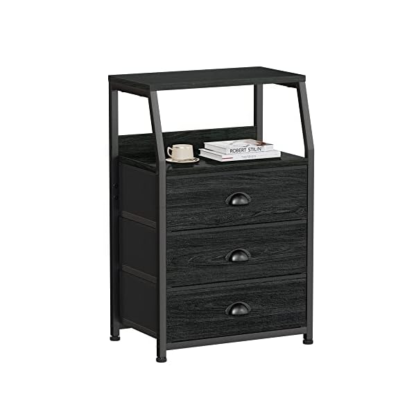 Furnulem Black Dresser for Bedroom, Small Nightstand with 3 Fabric Storage Drawers and 2-Tier Shelf, End Table Side Furniture for Closet, Hallway, Nursery, Sturdy Steel Frame, Wood Top (Black Oak)