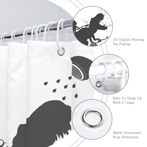 Image of Cat Dinosaur Shower Curtain Funny Cat Help Dino Bathe for Kids Boys Trex Silhouette Shadow Black White Bathroom Waterproof Polyester Fabric 60Wx72L Inch with Hooks