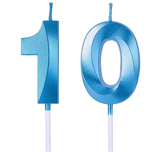 Blue 10th Birthday Candles for Cakes, Number 10 Glitter Candle Cake Topper for Party Anniversary Wedding Celebration Decoration