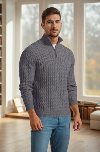 Askdeer Men's Quarter Zip Pullover Sweater Cable Knit Mock Neck Polo Sweater Classic Casual Sweater with Ribbing Edge3