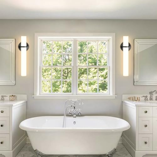 Image of LED Dimming Wall Sconces 8W, 3000K Warm Lights Dimmable, White Lampshade Bathroom Vanity Lighting Wall Light Fixtures for Bedroom Dining Living Hallway, Black