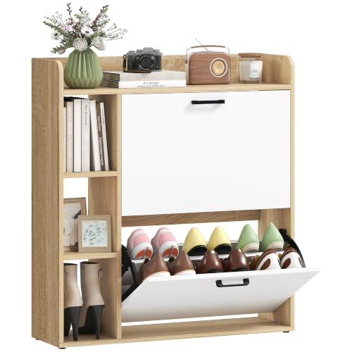 HOMCOM Zapatero Estrecho 2 Puertas 15 Pares 83x24x90,5cm Natural y Blanco