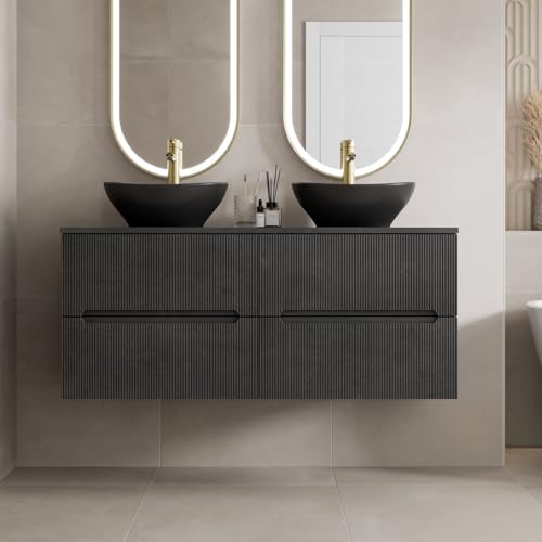 Vitusso® 1200mm Fluted Bathroom Cloakroom Vanity Unit Countertop Double Oval Basin Sink Wall Hung Storage Furniture Soft Close, Black