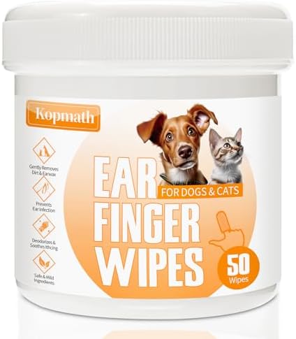 Kopmath Dog Ear Wipes, Ear Cleaner Finger Wipes for Dogs & Cats, Gently Remove Earwax & Odor, Soothe Ear Itching and Infection, Easy to Use, Natural Cat Ear Wipes for Dogs, 50 Disposable Count