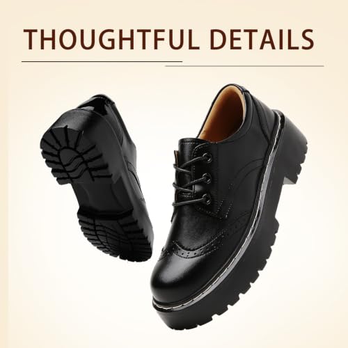 Image of Womens Oxford Shoes Black Leather Platform Oxford Shoes for Women Brogue