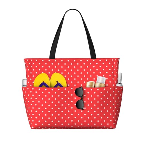 Red And White Polka Dots Print Beach Tote Large Capacity Beach Travel Bag Waterproof Sandproof And Lightweight