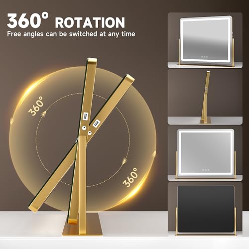 Hasipu Large LED Vanity Mirror 30"x21" - Makeup Mirror with 5X Magnification, Phone Holder, USB Charging, Smart Touch 3-Color Lighting & 360° Rotation (Gold)