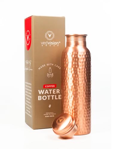VedVision Koperen Waterfles - 946 ml Puur Koperen Waterfles voor Drinken Gehamerd Afwerkingsontwerp - Lekvrij, Reisvriendelijk, Brede Opening