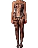 Leypafy Womens Fishnet Bodystocking Plus Size One Piece Bodysuit Sexy Tights Soft Nightwear Lingerie (Black)