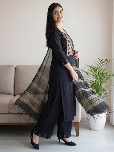 Image of INDO ERA Women's Straight Cotton Kurta Palazzo with Dupatta Set | Cotton kurta sets for women
