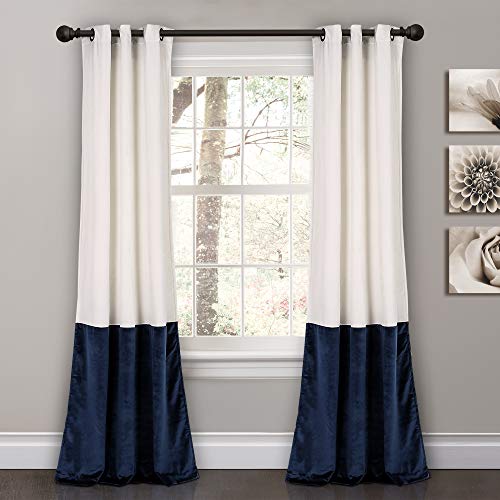 Lush Decor Prima Velvet Curtains Color Block Room Darkening Window Panel Set for Living, Dining, Bedroom (Pair), 84" L, Navy