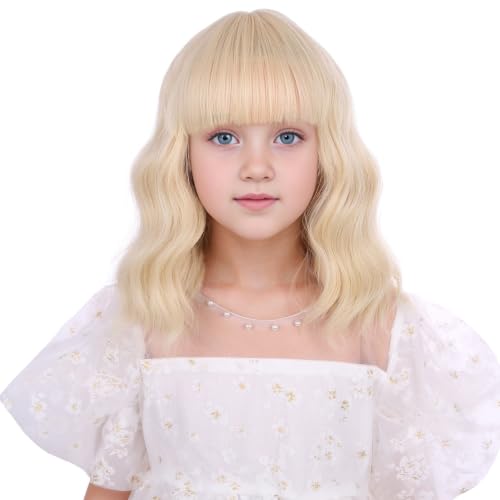 Image of Blonde Wig Short Light Blonde Wavy Curly Wigs with Air Bangs Heat Resistant Synthetic Wigs with Cap (Small Size)