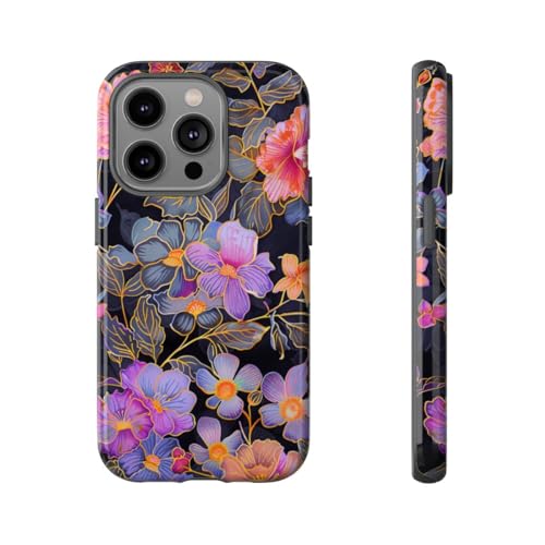 Coque iPhone 14 Pro brillante noire rigide aux finitions florales luxueuses
