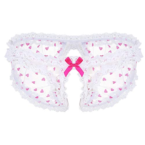 Lejafay Mens Nylon Hearts Print Sheer Sissy Panties Crossdress Lingerie Frilly Ruffled Gay Underwear