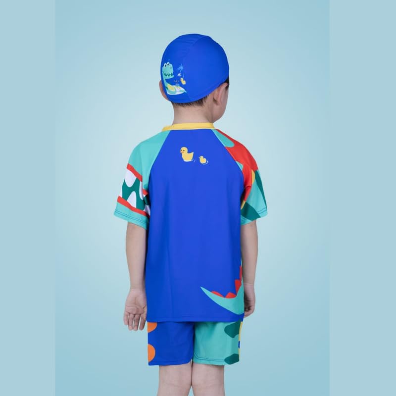 JMT Wear Swimming Costume for Boys I T-Shirt Shorts and Cap Three-Piece Swimsuit (Wavy Blue, 6-7 Years) 2