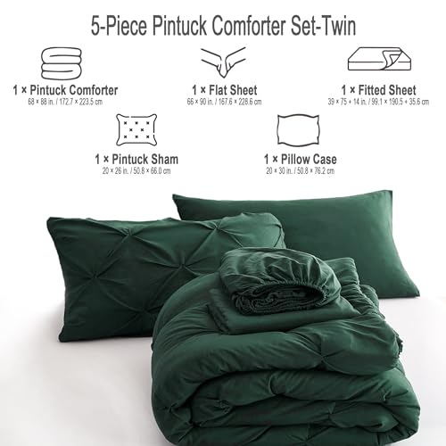 Ubauba 5pc Twin Size Comforter Set with Sheets, Dark Green 5 Piece Pintuck Bed in a Bag with Comforter, All Season Emerald Pinched Pleat Bedding Set (Green,Twin)