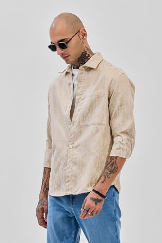 Image of SNITCH Men Casual Shirt | Slim Fit Full Sleeve Mandarin Collar Stripes Design | Premium Viscose Blend & Breathable Fabric for Everyday & Semi-Formal Wear
