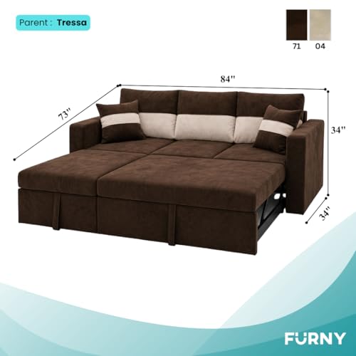 Image of FURNY Soria 4 Seater LHS Lounger Sofa Cum Bed (Dark Brown - Cream) with Pull-Out Function | Luxury Velvet Suede Finish | Durable Comfort | Ideal for Living Room