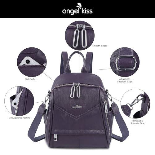 Image of Angel Kiss Small Backpack Purse for Women,Soft Vegan Leather Roomy Backpacks,Designer Ladies Shoulder Backpack Fashion Handbag with Removable Strap,Purple