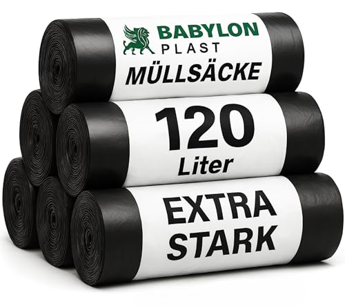 Babylonplast Müllsäcke 120L Extra Starke (20 Stück) Schwarz | Müllbeutel Stabil | Mülltüten Reißfest I 70×110 cm I Recyclingfähig & Umweltfreundlich I Bauschuttsäcke 70 /Typ 100