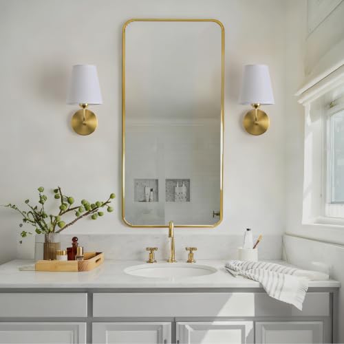 Image of Hardwired Wall Sconces Set of 2,Gold Finish with White Fabric Shades,Small Indoor Wall Decor Lamp for Living Room Bedroom Bathroom