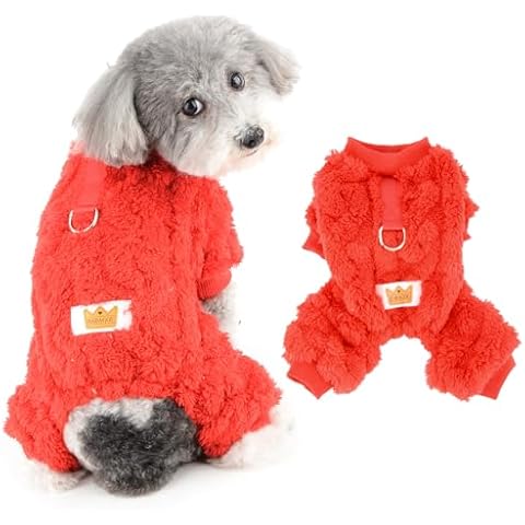 Ranphy Cute Jacquard Pet Fuzzy Fleece Pajamas Pjs for Small Dog Puppy Thermal Jumpsuit Pullover Sweater Stretchable with D-Ring Yorkie Chihuahua Fall Winter Clothes Cat Clothing,Red,L Cover